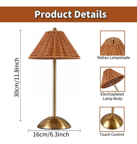 Wpd Boho- Lámpara De Mesa De Ratán Inalámbrica,lámpara De