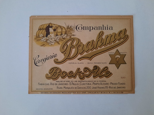 Rótulo Bock Brahma Cerveja Propaganda Antiga 1959 2438 (Usado)