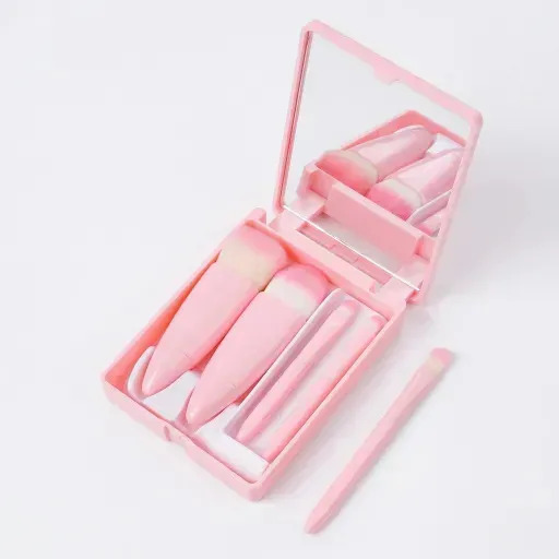 Kit Pincéis Maquiagem 5 Peças Com Espelho Portátil Bolsa Cor Rosa