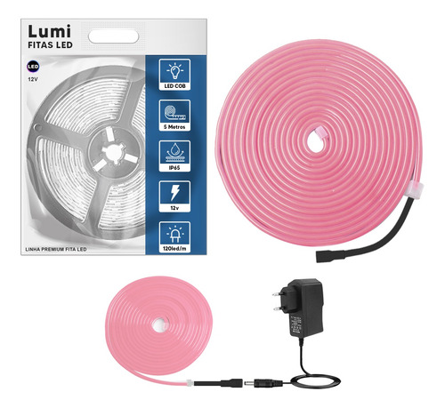 Mangueira De Fita Led Neon Lumi 5m Flexível 12v A Prova D'água Rosa Com Fonte Alimentaçao