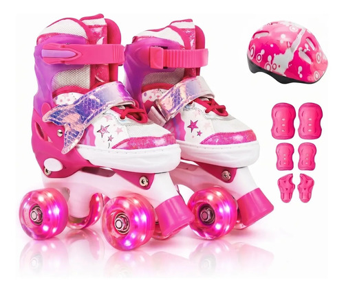 Patins Infantil 4 Rodas Sereia Ajustável Kit Proteção Menina Rosa - (g)