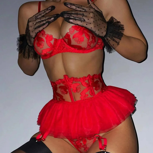 Conjunto De Sujetador De Encaje Con Minifalda, Lencería Sexy