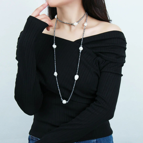 Collar Largo De Perlas Con Cuentas De Cristal Para Mujer