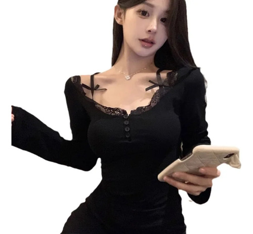 Camiseta De Manga Larga Con Cuello En V De Poliéster Con Rib