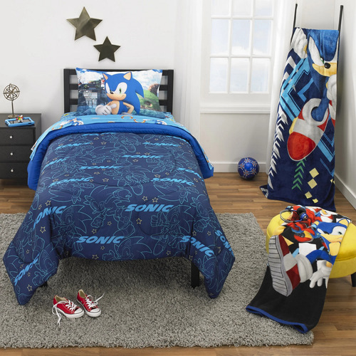 Sonic Edredón Y Funda Individual Twin Reversible 2 Pzs / H Azul / Estampado Sonic Fuguras Sonic