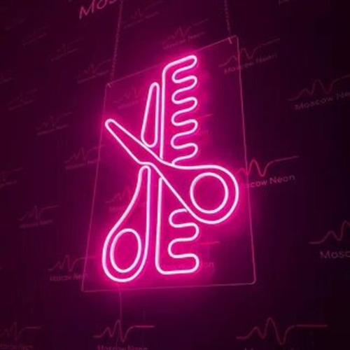 Painel Neon Led Barber Shop Pente E Tesoura 40x30cm Rosa-chiclete