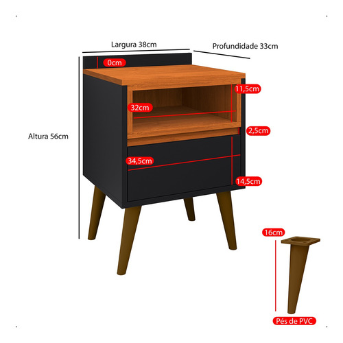 Mesa De Cabeceira Luxo Borcelle - Quarto Melissa Mdp Brilhante Preto/cedro