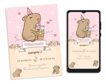 Comprar Invitacion Digital Para Cumpleaños Capibara Rosa 2 Formatos Rosa
