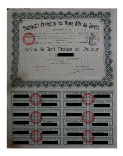 Bono Compañia Minera De Oro Don Lucho Peru Año 1898 