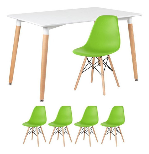 Kit Mesa Jantar Eames Retangular 120 X 80 Cm 4 Cadeiras Dsw Tampa Mesa Branco Com Cadeiras Verde Claro