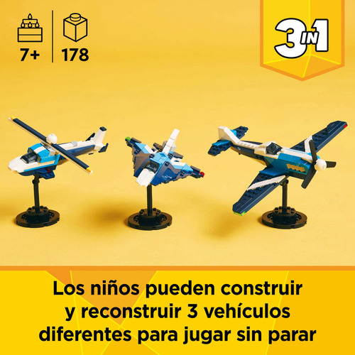 LEGO® Creator 3en1 Aeronave: Avión de Carreras 31160; Juguete transformable en un jet o un helicóptero, juego de vehículos, idea de regalo para niños y niñas de 7 años o más