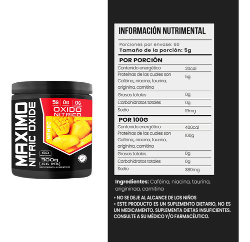 Óxido Nítrico Pre Entreno Maximo Protein 300g 60 Servs Mango