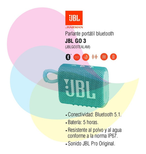 Parlante Jbl Go 3 Portátil Con Bluetooth Teal Jblgo3tealam
