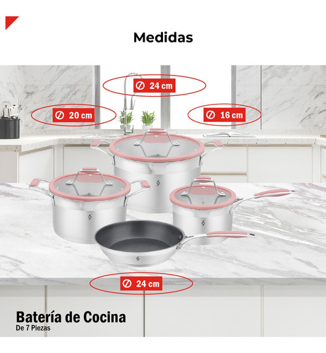 Bogner Batería De Cocina 7 Pz Acero Inox Bcps06 Rosa Rosa