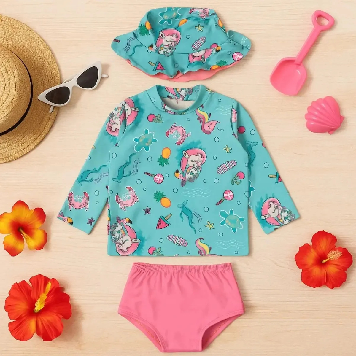Conjunto Praia Bebe Infantil Proteção Uv 50+ Menina 3 Peças Cor Azul-celeste Desenho do tecido Unicórnio Tamanho 24-36 M