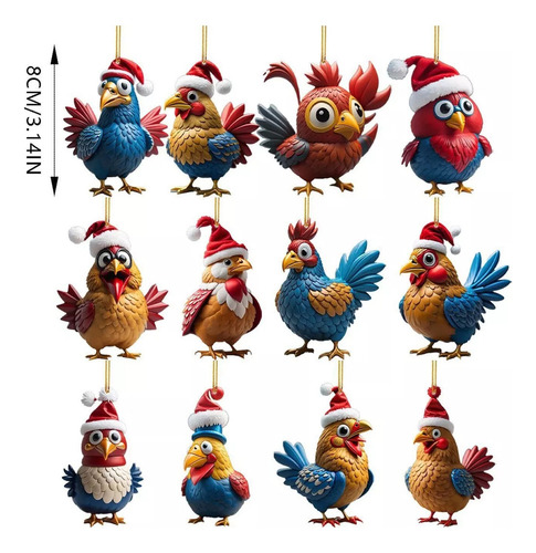F 12 Adornos Navideños Para Colgante De Gallo Y Llavero