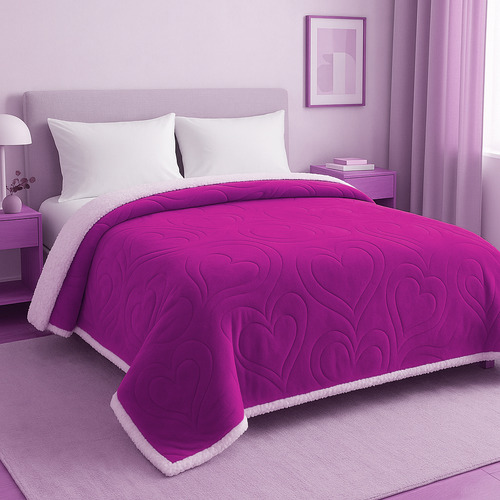Frazada Edredon Corderito 1 Plazas Y Media Abrigada Jacquard Violeta Corazon Jackard Lila