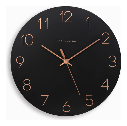 Mooas Flatwood - Reloj De Pared Negro, Reloj De Pared De 12