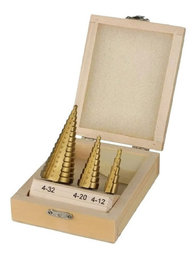 Set 3 Brocas Mechas Escalonadas Titanio 4-12/20/32 + Estuche