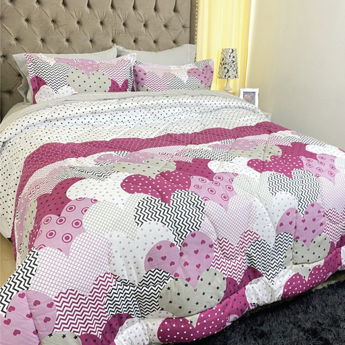 Imagen 2 de 4 de Plumón Sencillo Estampado Corazones + Fundas