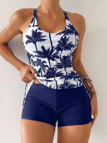 Traje De Baño Para Mujer Dos Piezas Bañador Tankini Dama Azul Floreado L