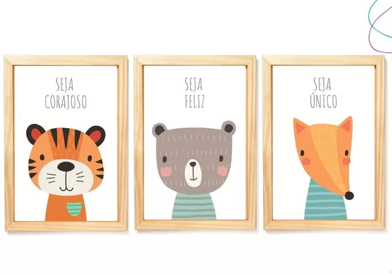 3 Quadros Decorativos Infantil Animais Fofos Safari Floresta