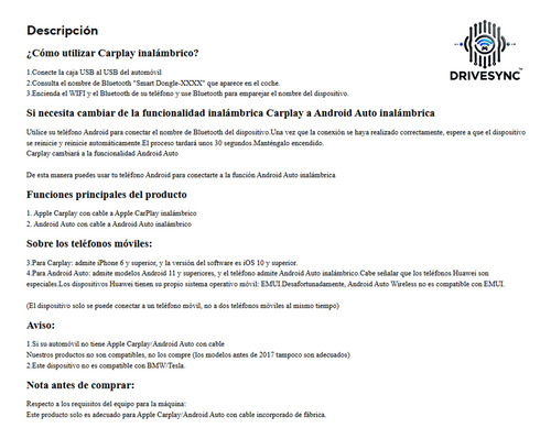 Adaptador Inalámbrico Carplay Android Auto -drivesync