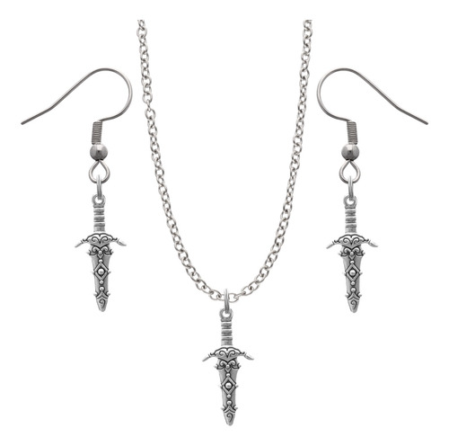 Kit Collar Y Aretes Espada Arma Medieval Dije Cadena Acero Plateado 6