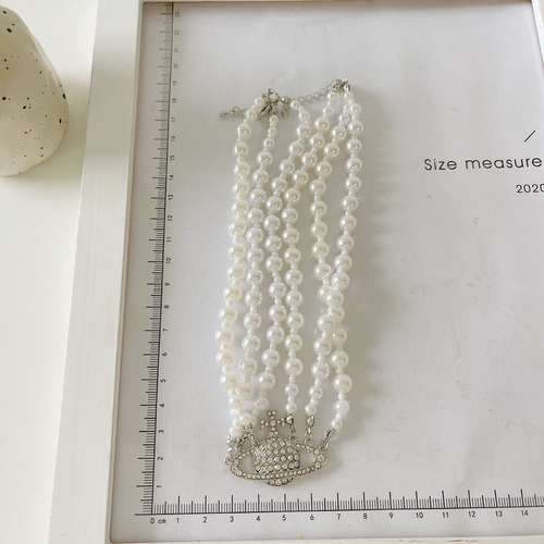 Collar De Perlas De Saturno Con Diamantes Multicapa