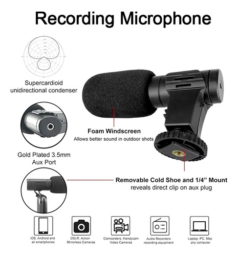 Kit De Grabacion Tripode Microfono Luz Led