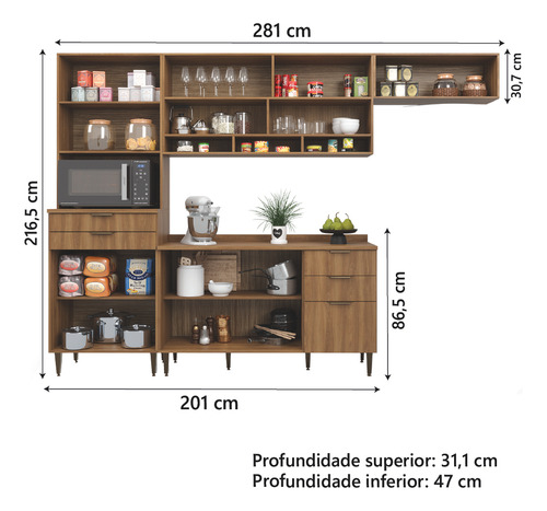 Armário de Cozinha Completa Com Balcão Nicho Para Micro Ondas 9 Portas 5 Gavetas Paris Nogal e Verde Batrol