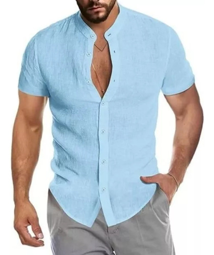 Camisa De Lino Cuello Mao Hombre Manga Corta