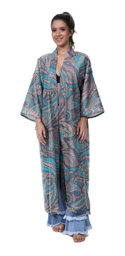 Kimono Haori Casaco Longo Oriental Koi Paisley Japão Carpa
