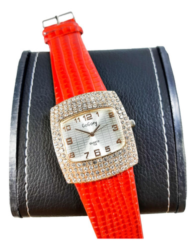 Relógio Feminino Com Caixa Em Couro Sintético Luxo Vermelho