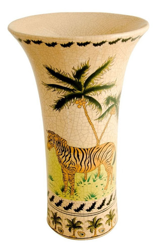 Vaso Em Cerâmica Craquelê, Pintura Zebra E Coqueiros