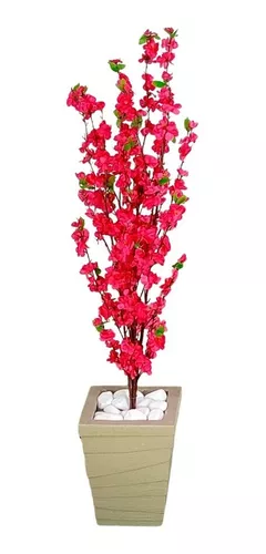 Planta Cerejeira Rosa Artificial + Vaso Decorativo Quadrado