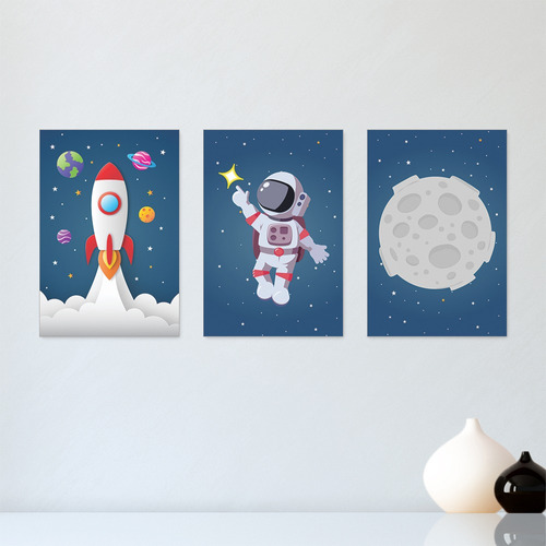 Kit 3 Quadros Astronauta Quarto Criança Bebê Infantil Sala