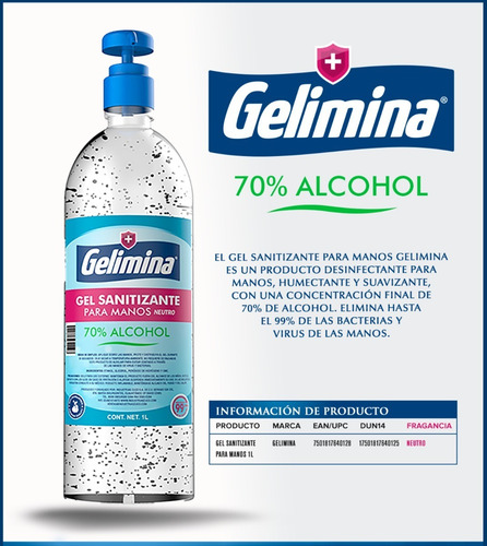 Imagen 2 de 3 de Gel Antibacterial Para Manos 1 Litro Gelimina