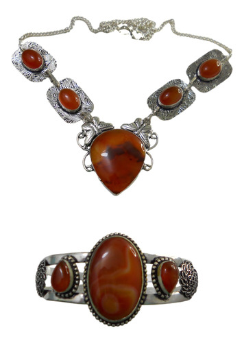 Juego De Collar Y Pulsera Con Ágata Naranja, Chapa De Plata