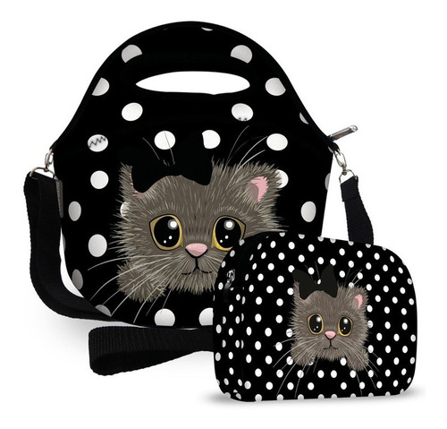 Kit Lancheira Neoprene Com Necessaire Gatinho Poá Isoprene