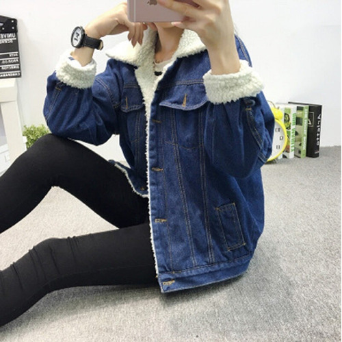 jaqueta jeans forrada com lã feminina