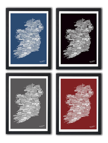 Set De 4 Mapas A3 De Irlanda Negro, Azul, Gris Y Rojo F...