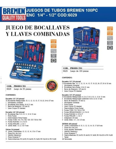 Imagen 2 de 3 de Juego Tubos Bocallaves Puntas 100 Pzs Bremen Enc 1/2 - 1/4