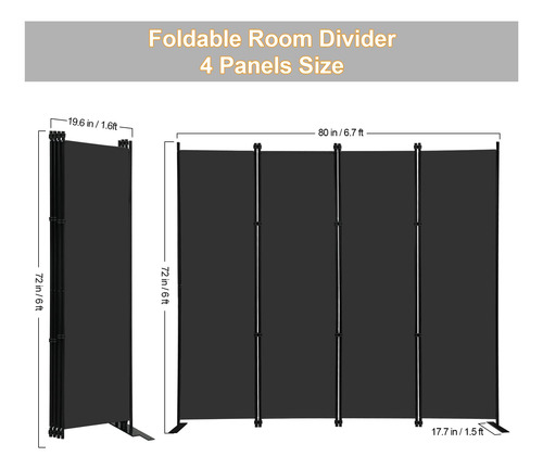 Separador De Habitación Plegable 4 Paneles 183 Cm Color Negr