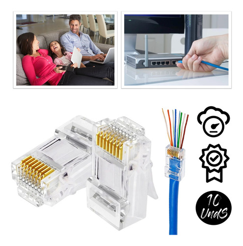 Pacote Com 10 Conector Rj45 Cat6 Banho De Ouro Cabo Rede