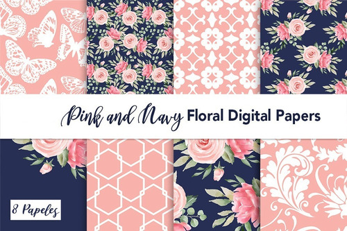 Kit Papeles Digitales Floral - Pink And Navy Scrapbooking  