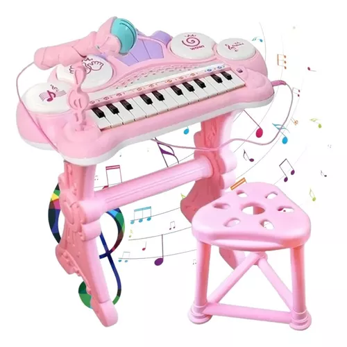 Piano, micrófono musical y taburete para niños, función de grabación,  batería de color rosa