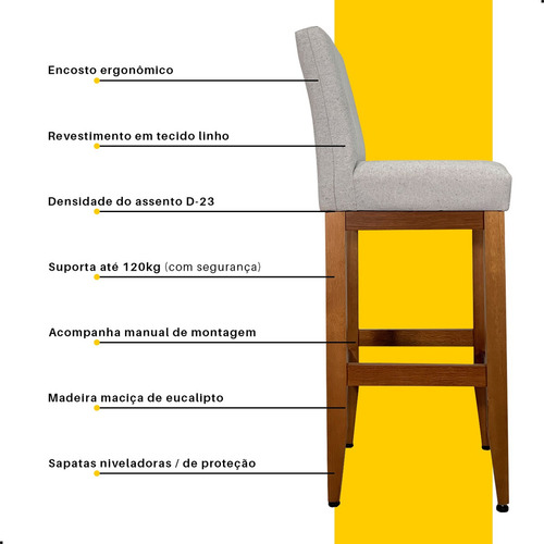 Kit 2 Banqueta Alta com Encosto Lessul Jade Cor Linho Cinza Assento 75cm com Acabamento Verniz Canela 105cm Total Cozinha Americana