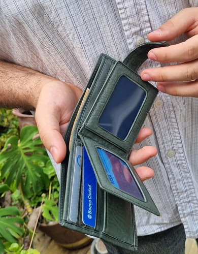 Billetera Cuero Hombre Con Tarjetero Y Traba Verde