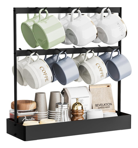 Soporte Para Tazas De Café Con Ganchos Y Almacenamiento.